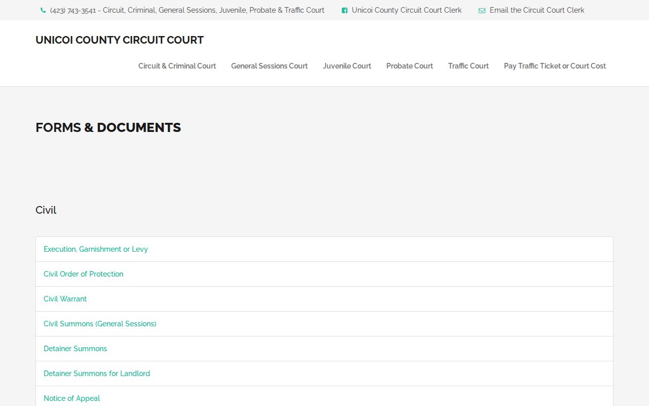 Unicoi County civil court docket forms inventory